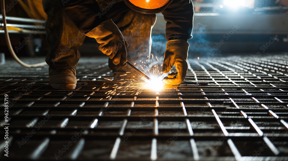 Welder of Reinforcing Grids and Frames at Work Welder of Reinforcing Grids and Frames at Work