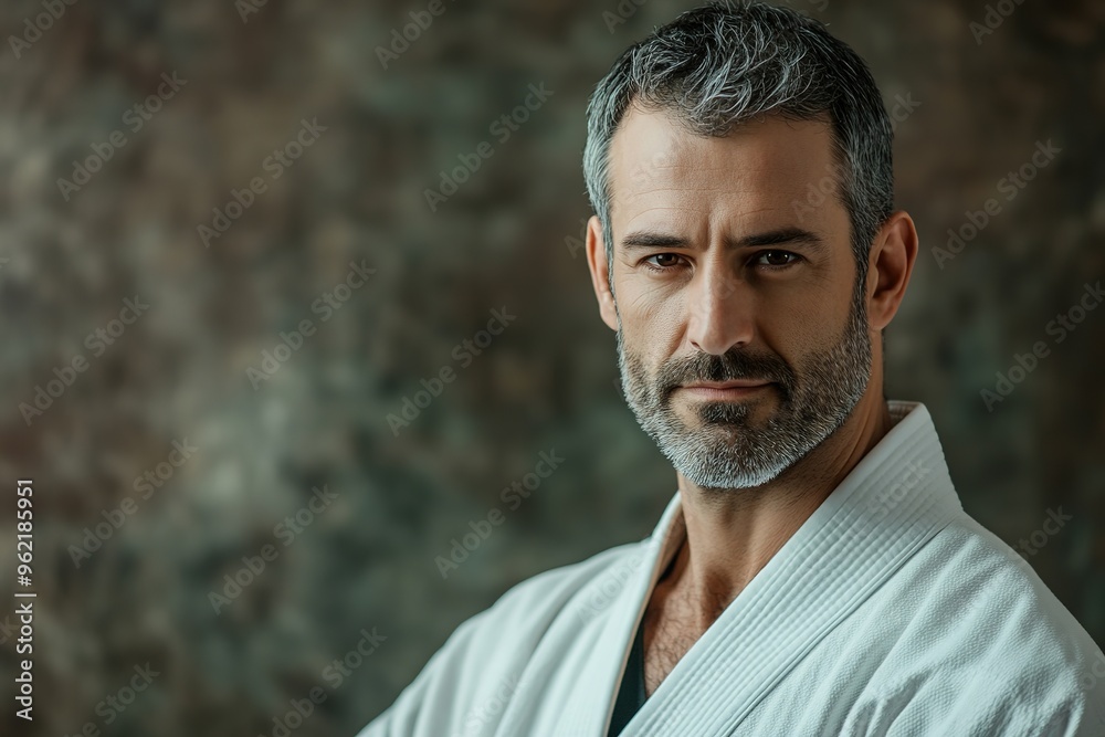 Confident man in white karate uniform with beard Confident man in white karate uniform with beard