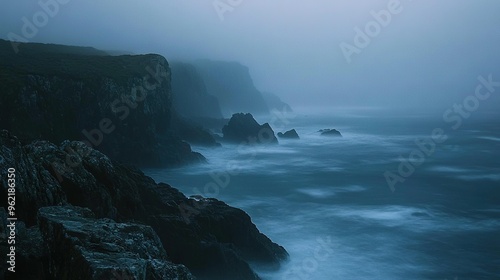  A body of water adjacent to a rocky cliff during a foggy day