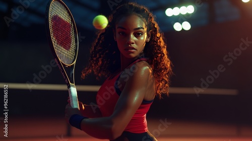 Young woman in red tank top and black shorts plays tennis under the lights, her racket raised to hit the ball.