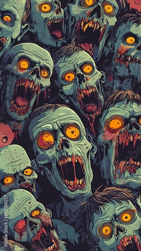 Frightening digital artwork of numerous zombies with glowing yellow eyes, depicting a chilling apocalyptic scene and evoking intense fear and horror.