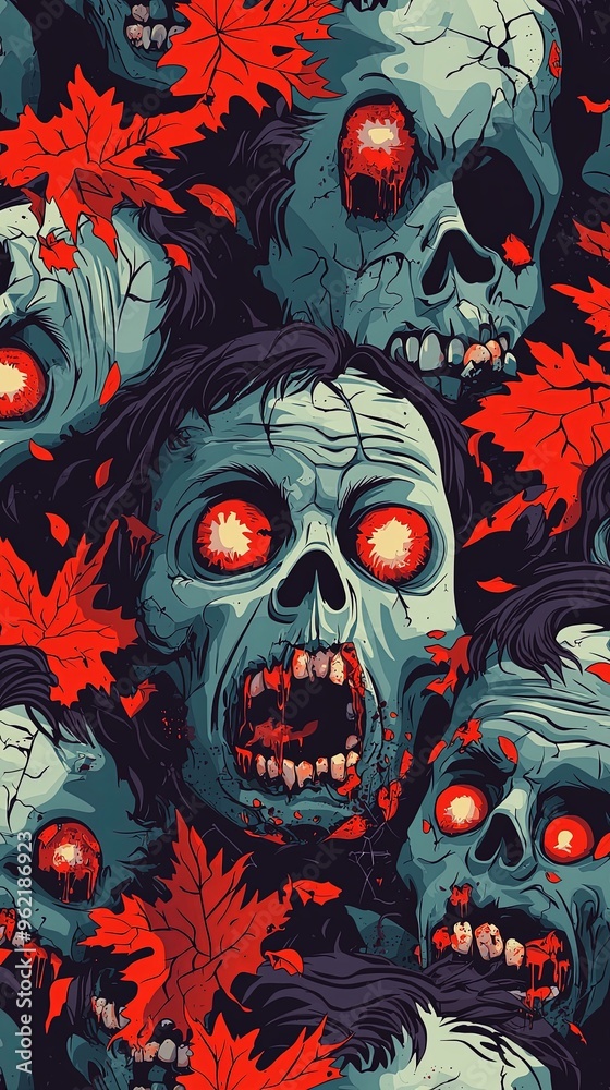 Gruesome blue skulls with blood-red eyes and splatters, surrounded by red, autumn leaves, creating a horrifying and vivid scene against a dark background. Gruesome blue skulls with blood-red eyes and splatters, surrounded by red, autumn leaves, creating a horrifying and vivid scene against a dark background.