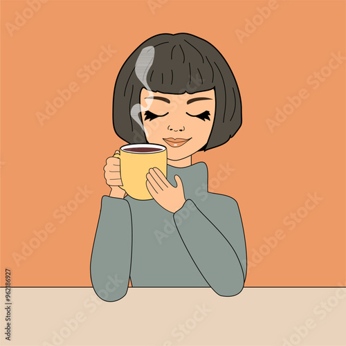 Nice beautiful girl with a cup of coffee vector illustration art cartoon lovely person