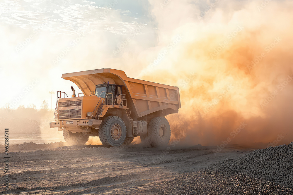 A Giant Yellow Dump Truck Churns Up Dust As It Unloads Gravel at a Construction Site, Leaving a Trail of Brownish-Orange Smoke. A Giant Yellow Dump Truck Churns Up Dust As It Unloads Gravel at a Construction Site, Leaving a Trail of Brownish-Orange Smoke.