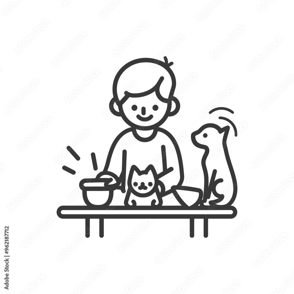 Boy feeding cat and dog at a table Boy feeding cat and dog at a table
