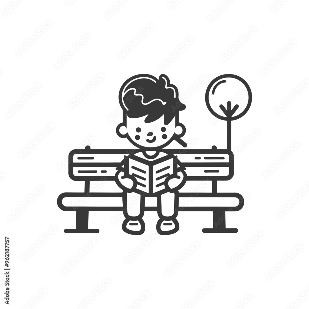 Boy Reading on a Bench Under a Tree Boy Reading on a Bench Under a Tree