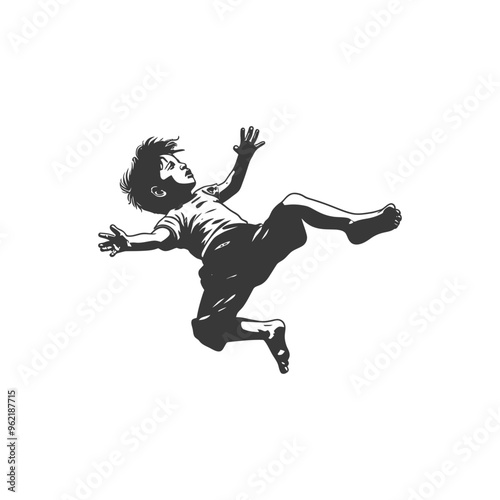 Boy in mid air with arms outstretched falling or jumping