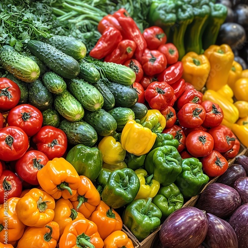 Vibrant assortment of fresh vegetables including bell peppers, cucumbers, and tomatoes in a colorful display at a market.