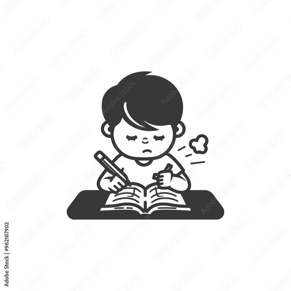 Boy Sitting at Desk with Book Pencil and Anxious Expression Boy Sitting at Desk with Book Pencil and Anxious Expression