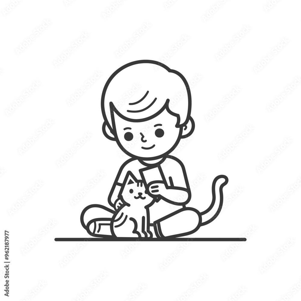 Boy Sitting with Cat and Petting It Boy Sitting with Cat and Petting It