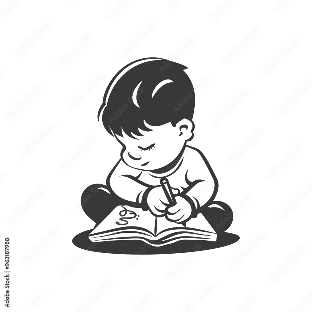 Boy Sitting with Book and Pencil Writing in Notebook Boy Sitting with Book and Pencil Writing in Notebook