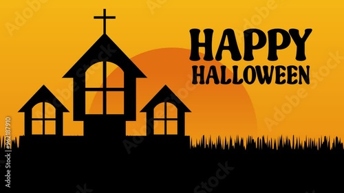 Happy halloween animated text background with haunted castle.