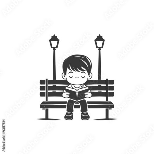 Boy Sitting on a Bench Reading a Book Under Street Lights