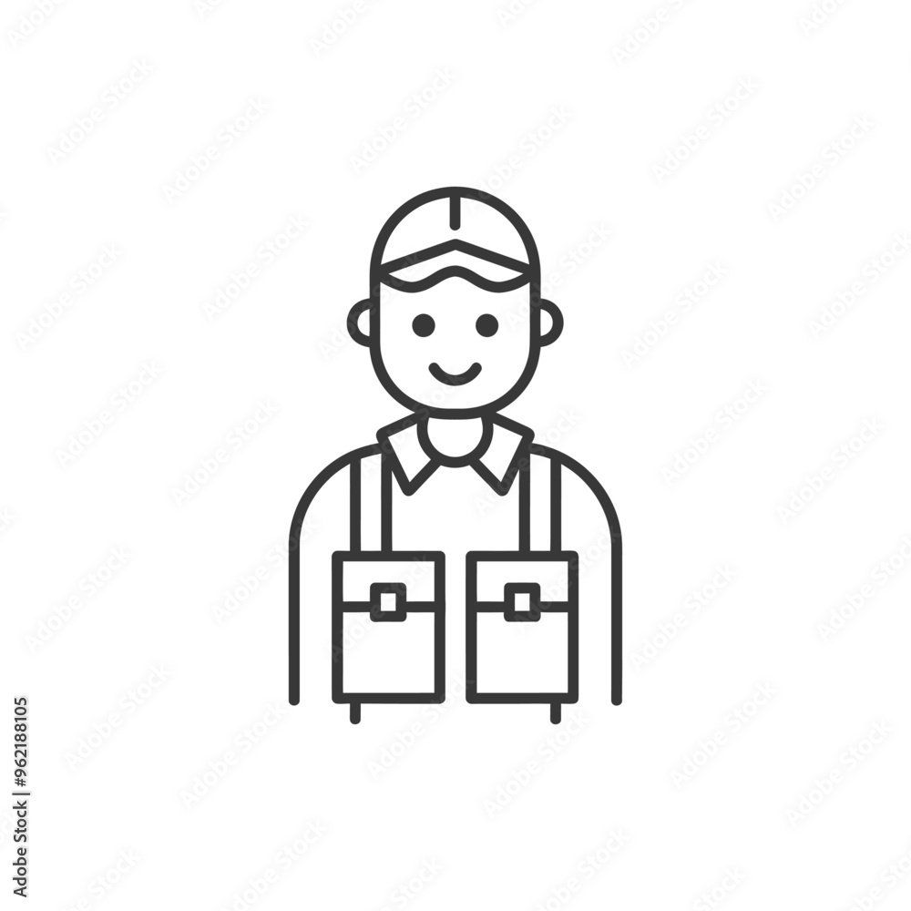 Line art illustration of a smiling man wearing a cap and vest Line art illustration of a smiling man wearing a cap and vest