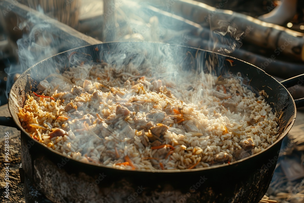 Cooking meat in a cauldron for plov in a field kitchen Eastern style Cooking meat in a cauldron for plov in a field kitchen Eastern style
