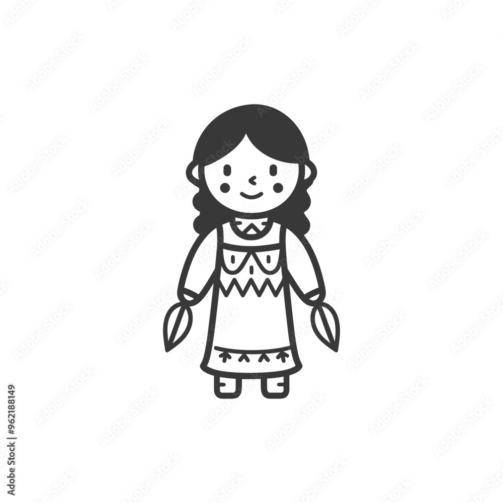 Line art illustration of a smiling Native American girl with long hair wearing traditional clothing Line art illustration of a smiling Native American girl with long hair wearing traditional clothing