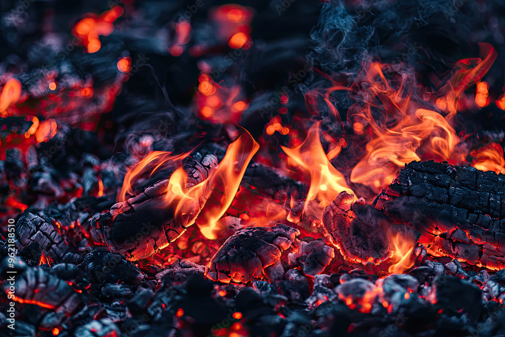 Fiery Embers Dance: A Close-Up of Burning Charcoal with Blazing Flames Fiery Embers Dance: A Close-Up of Burning Charcoal with Blazing Flames