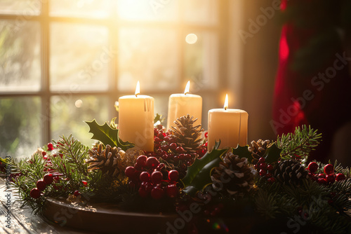 Warmth and Wonder: A Christmas Table Centerpiece with Glowing Candles and Festive Greenery