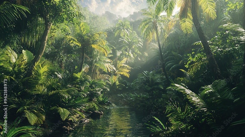 A river winding through a dense forest, brimming with trees and vegetation on either bank A river winding through a dense forest, brimming with trees and vegetation on either bank