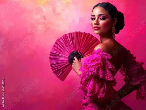 Flamenco dancer with fan, dramatic pose, vibrant festival, 3D illustration