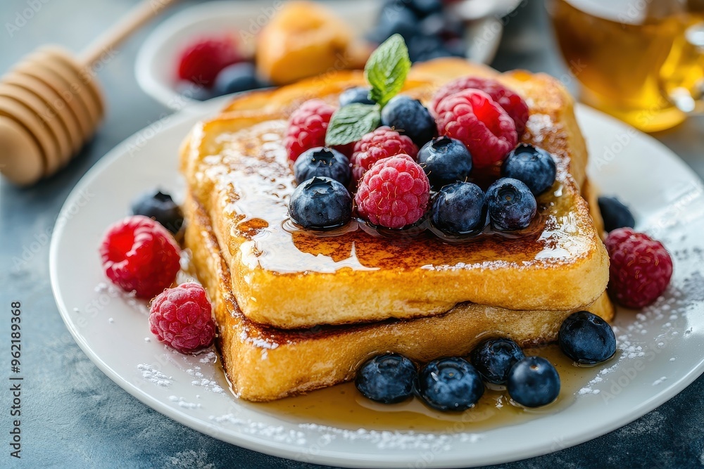 Delicious breakfast of French toast with honey berries on plate Delicious breakfast of French toast with honey berries on plate