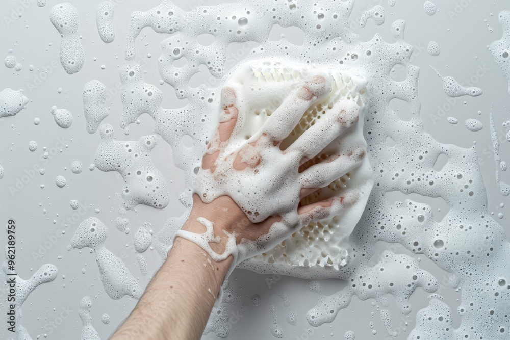 Fototapeta premium Hand cleaning white surface with metal sponge and foam
