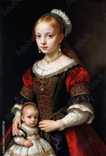 Renaissance-style painting portrait of a young girl in royal attire holding a baby in her arms, Generative AI