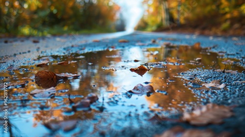 A road with leaves on it and a reflection of the leaves in the water