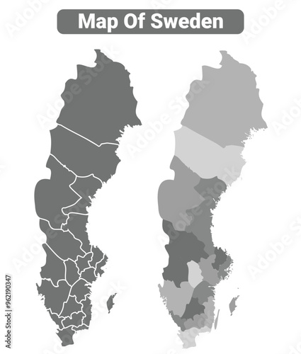 Greyscale Sweden political map with borders outline style vector illustration set