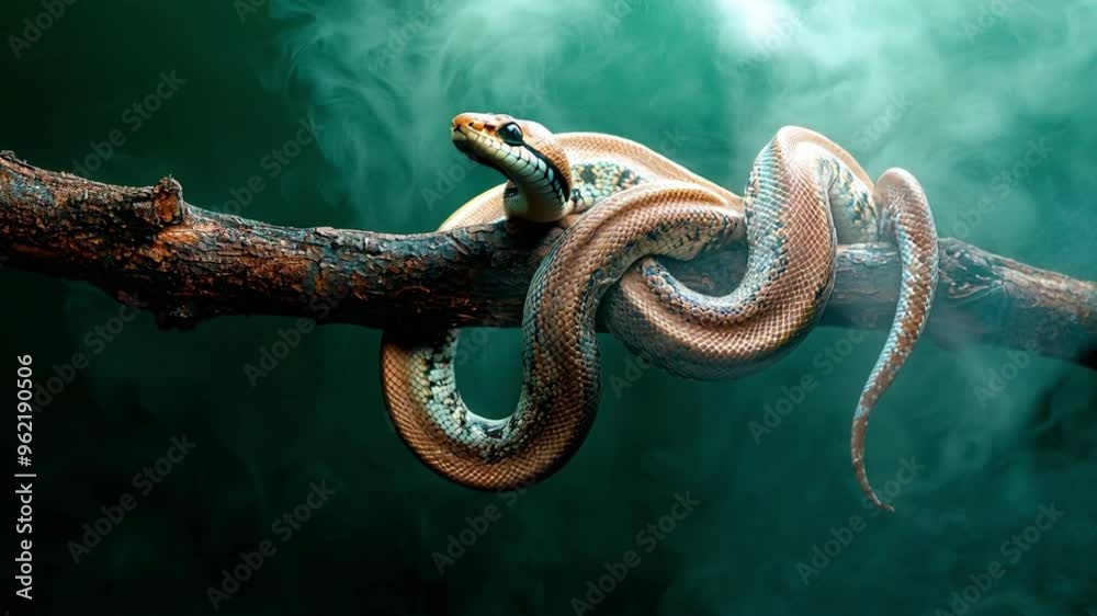 Exotic snake coiled around a tree branch with a smoky green background, emphasizing its natural habitat and reptile behavior