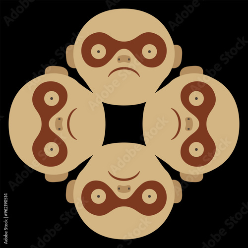 Geometrical animal design with four monkey faces. Ethnic motif of Moche Indians from ancient Peru. 