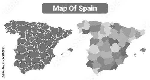 Greyscale Spain political map with borders outline style vector illustration set