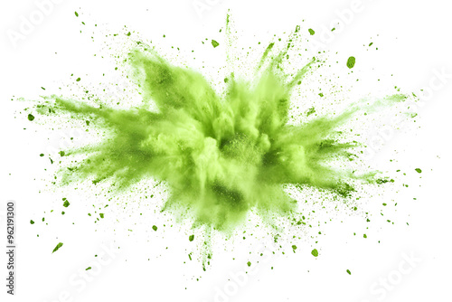 explosion of dry green paints on a transparent background. cloud and paint particles. Holi paint