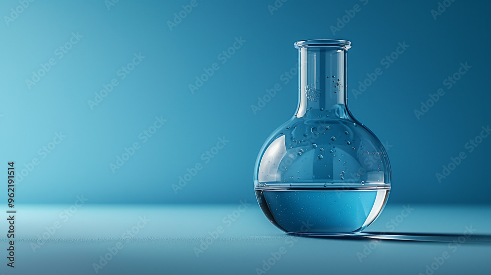 Clear glass beaker on an empty blue background, highlighting a laboratory setting and scientific research Clear glass beaker on an empty blue background, highlighting a laboratory setting and scientific research
