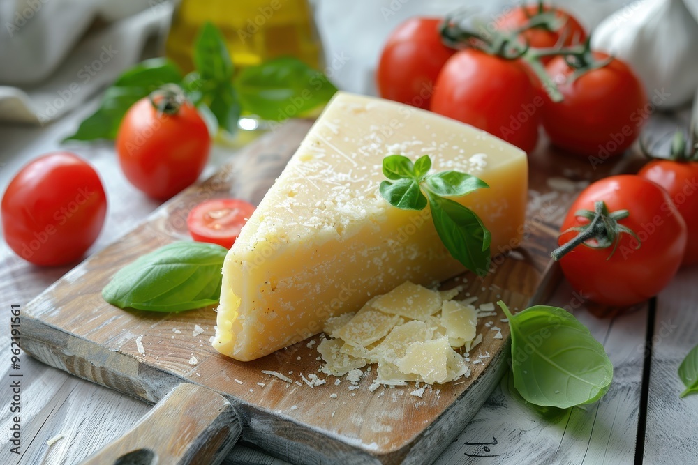 Italian cheese tomatoes basil olive oil on board Hard cheese Top view Italian cheese tomatoes basil olive oil on board Hard cheese Top view