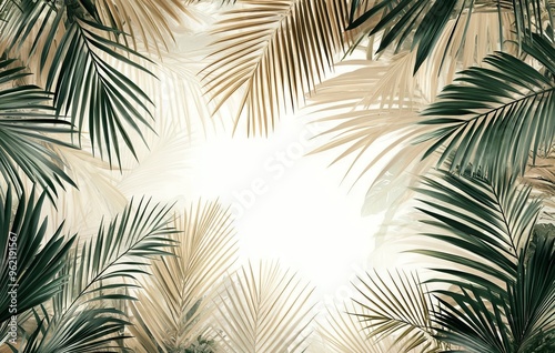 Luxury Beige Palm Leaves and Tropical Plants Pattern on White Background. AI generated illustration