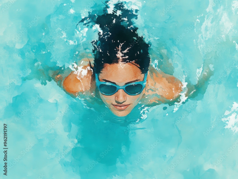 Naklejka premium A woman swimming in an indoor pool, her form streamlined and elegant, with watercolor strokes blending shades of aqua and light blue for a refreshing, calming effect