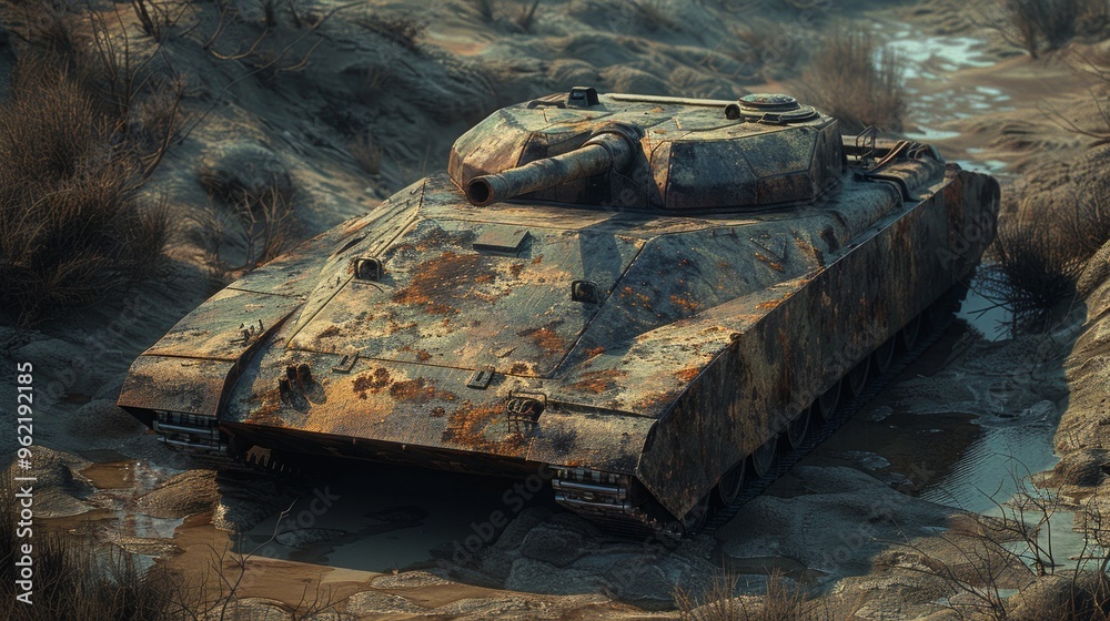 Futuristic armored tank outdoors. Tank crew training in rough terrain Futuristic armored tank outdoors. Tank crew training in rough terrain