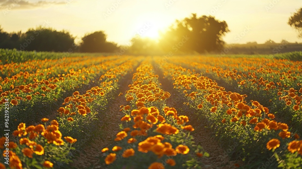 Fototapeta premium An orange-filled field with sunset in the distance and trees in the background