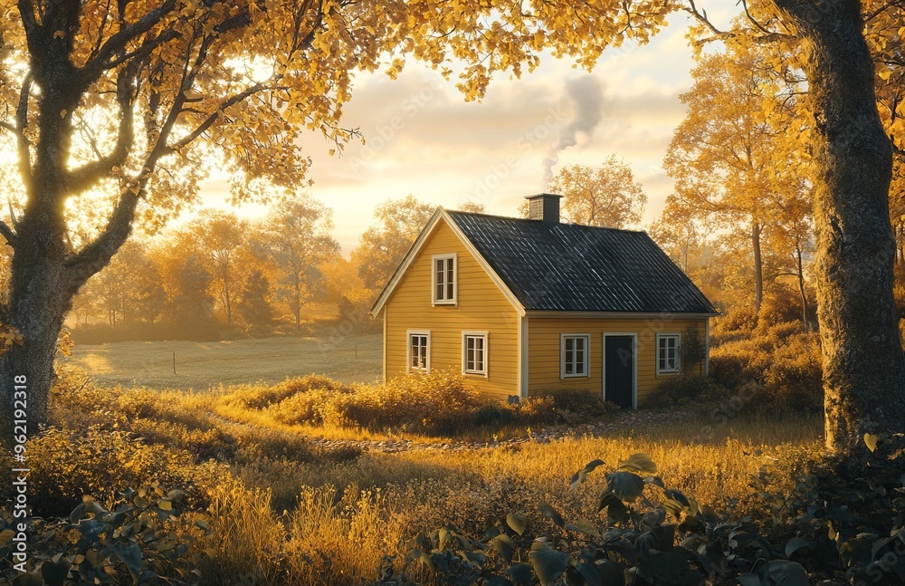 Autumn Scene in the Swedish Countryside with a Yellow House at Golden Hour. AI generated illustration Autumn Scene in the Swedish Countryside with a Yellow House at Golden Hour. AI generated illustration