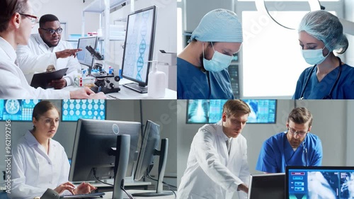 Collection of images featuring medical professionals and scientist in lab and surgery, highlighting teamwork, innovation, and advanced healthcare technology.