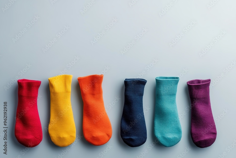 Colorful socks lined up on blue background, space for text Colorful socks lined up on blue background, space for text