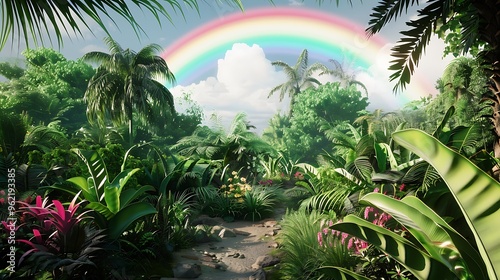 Rainbow arching over a lush botanical garden with vibrant greenery and diverse plant life, captured with detailed realism and natural lighting photo