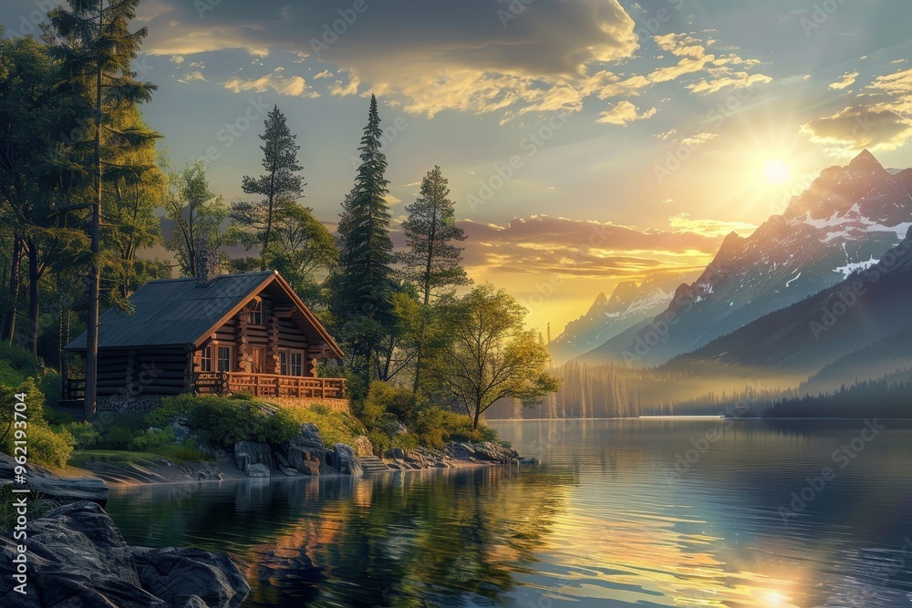 Fototapeta premium Sunset over lake and cabin