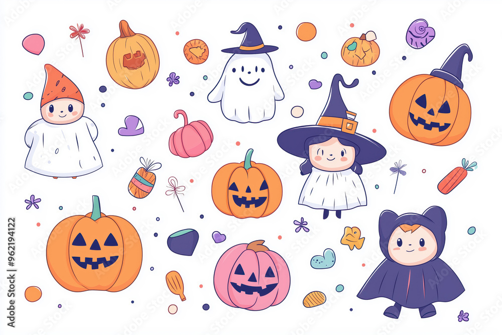 Obraz premium Charming Halloween pattern with cute ghost, witches, and Jack-o'-lantern characters