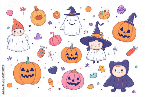 Charming Halloween pattern with cute ghost, witches, and Jack-o'-lantern characters
