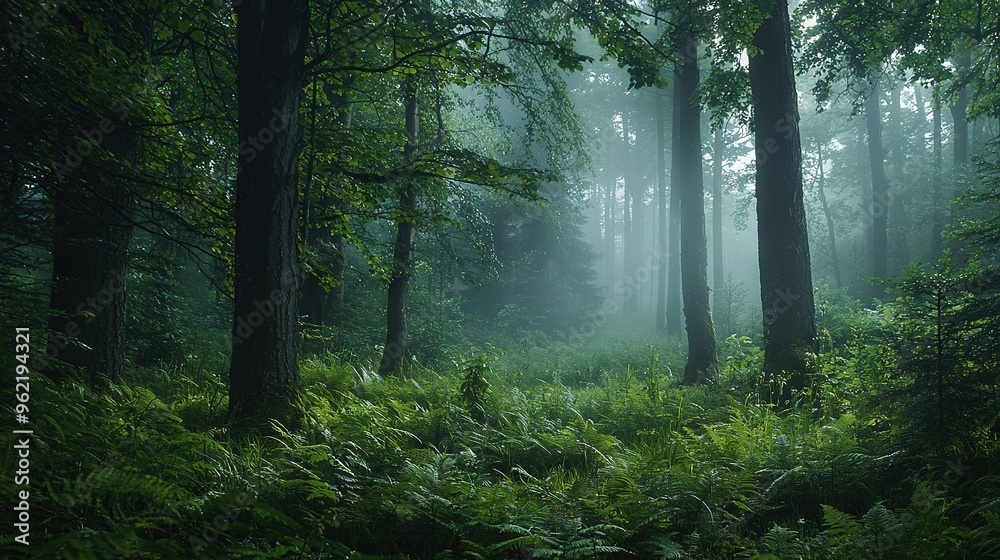A forest brimming with tall trees and verdant ferns adorns the edge of a lush green forest A forest brimming with tall trees and verdant ferns adorns the edge of a lush green forest