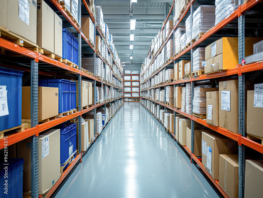A large warehouse with many boxes on the shelves A large warehouse with many boxes on the shelves
