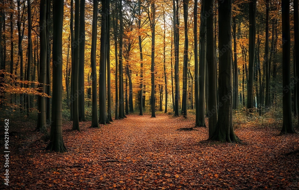 Obraz premium Golden Autumn Forest in Tranquil Light, AI generated illustration