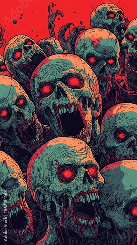 Numerous zombie heads are seen with glowing red eyes, screaming in an unsettling and terrifying manner. The scene is intense and filled with visual chaos and horror. photo